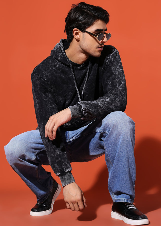 UNISEX BASIC ACIDWASH HOODIE - BLACK