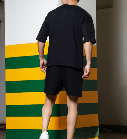 Men's Relaxed Fit Cotton T-Shirt & Shorts Co-Ords Set - Black