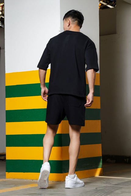 Men's Relaxed Fit Cotton T-Shirt & Shorts Co-Ords Set - Black