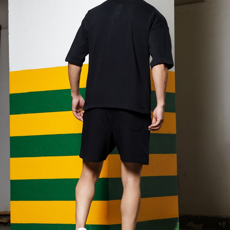 Men's Relaxed Fit Cotton T-Shirt & Shorts Co-Ords Set - Black