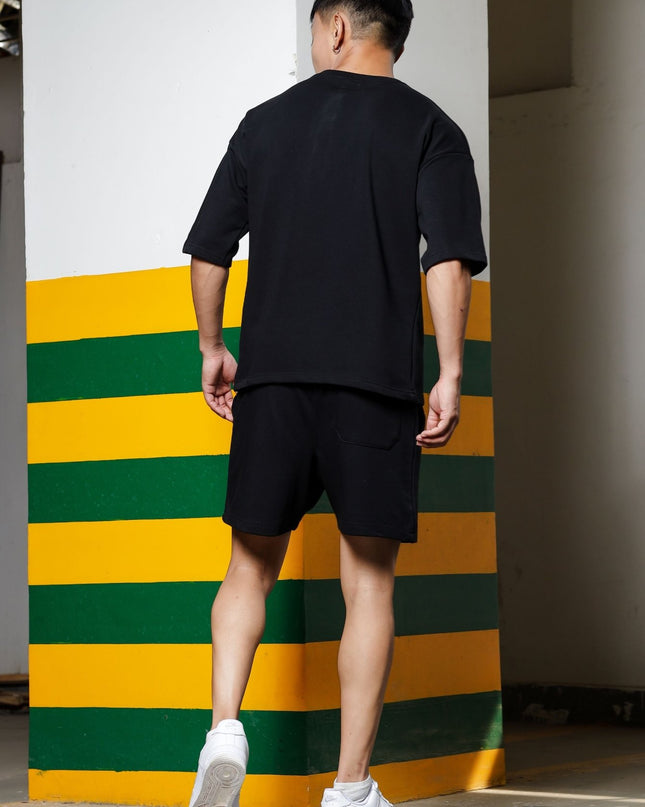 Men's Relaxed Fit Cotton T-Shirt & Shorts Co-Ords Set - Black