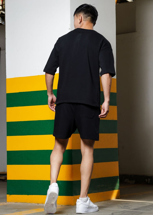 Men's Relaxed Fit Cotton T-Shirt & Shorts Co-Ords Set - Black