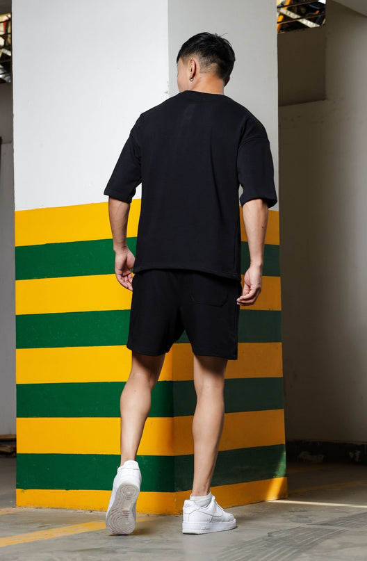 Men's Relaxed Fit Cotton T-Shirt & Shorts Co-Ords Set - Black