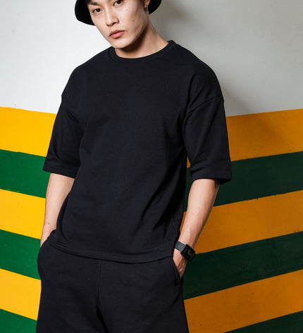 Men's Relaxed Fit Cotton T-Shirt & Shorts Co-Ords Set - Black