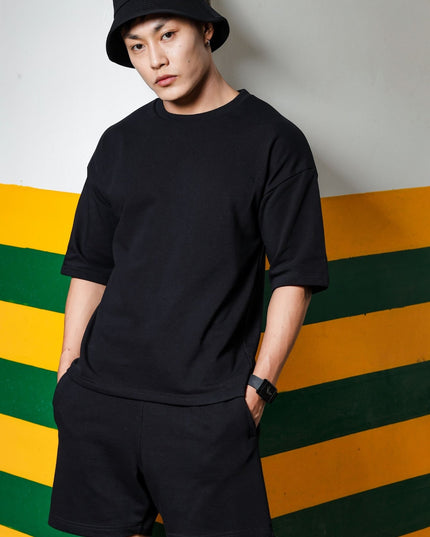 Men's Relaxed Fit Cotton T-Shirt & Shorts Co-Ords Set - Black