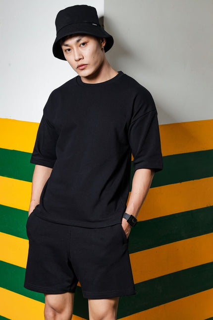 Men's Relaxed Fit Cotton T-Shirt & Shorts Co-Ords Set - Black