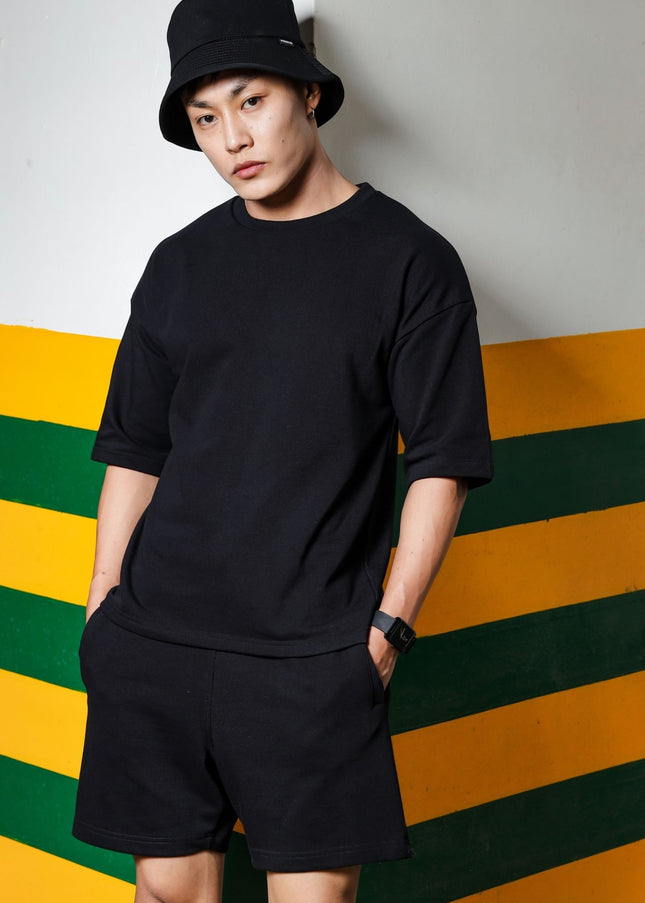 Men's Relaxed Fit Cotton T-Shirt & Shorts Co-Ords Set - Black