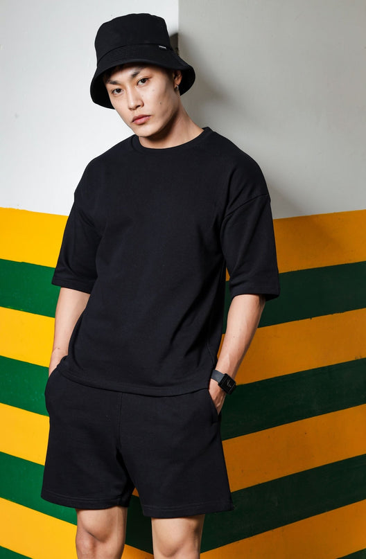 Men's Relaxed Fit Cotton T-Shirt & Shorts Co-Ords Set - Black