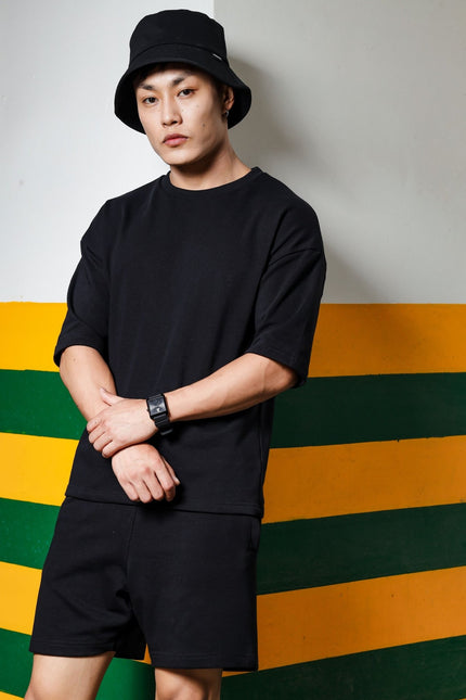 Men's Relaxed Fit Cotton T-Shirt & Shorts Co-Ords Set - Black