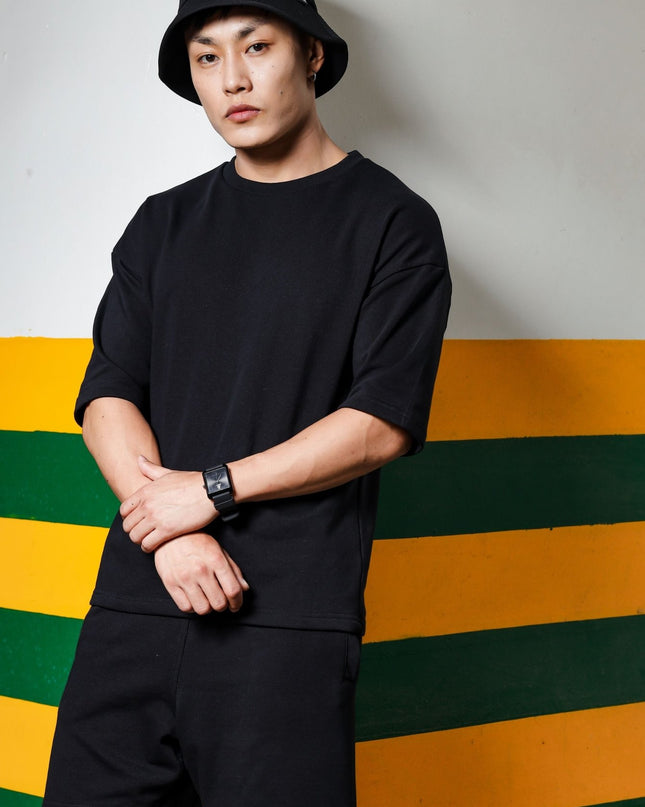 Men's Relaxed Fit Cotton T-Shirt & Shorts Co-Ords Set - Black