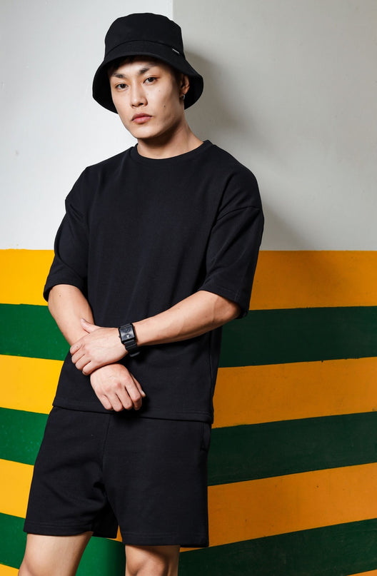 Men's Relaxed Fit Cotton T-Shirt & Shorts Co-Ords Set - Black