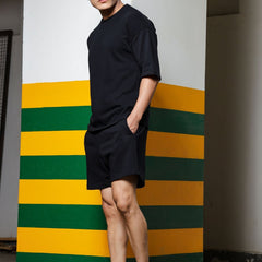 Men's Relaxed Fit Cotton T-Shirt & Shorts Co-Ords Set - Black