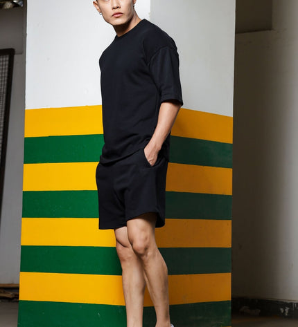 Men's Relaxed Fit Cotton T-Shirt & Shorts Co-Ords Set - Black