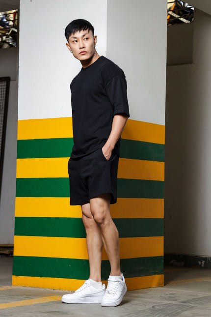 Men's Relaxed Fit Cotton T-Shirt & Shorts Co-Ords Set - Black