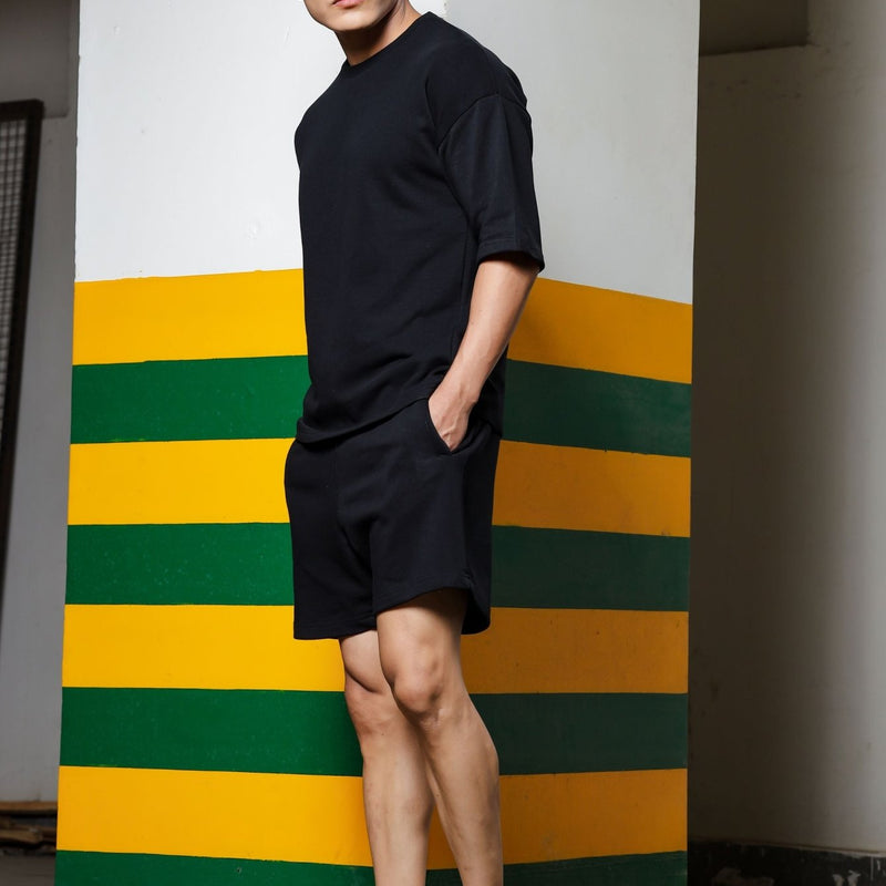 Men's Relaxed Fit Cotton T-Shirt & Shorts Co-Ords Set - Black
