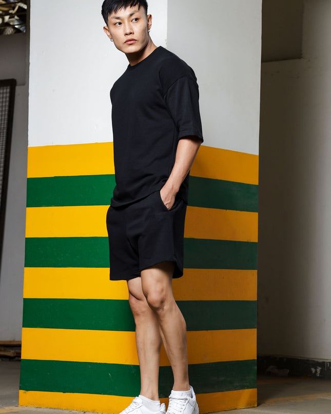 Men's Relaxed Fit Cotton T-Shirt & Shorts Co-Ords Set - Black