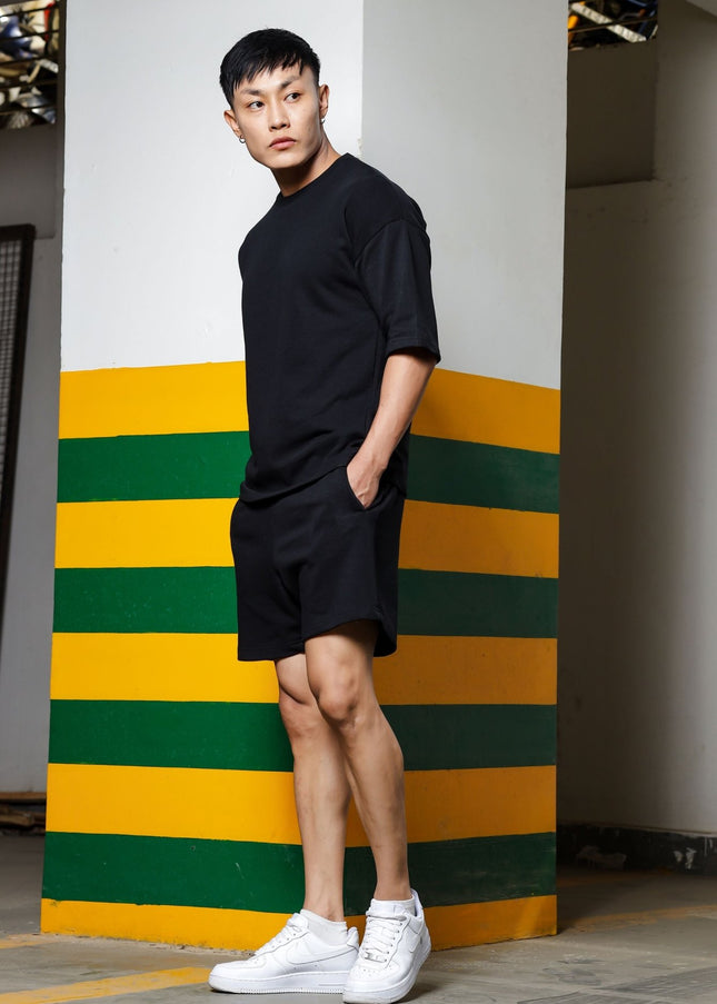 Men's Relaxed Fit Cotton T-Shirt & Shorts Co-Ords Set - Black