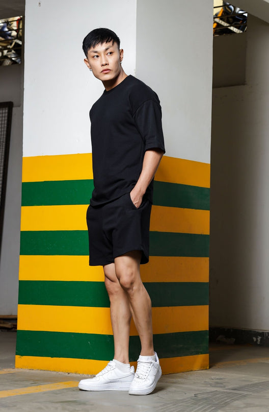 Men's Relaxed Fit Cotton T-Shirt & Shorts Co-Ords Set - Black