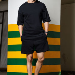 Men's Relaxed Fit Cotton T-Shirt & Shorts Co-Ords Set - Black