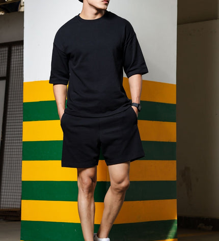 Men's Relaxed Fit Cotton T-Shirt & Shorts Co-Ords Set - Black