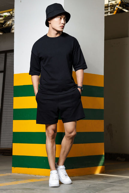 Men's Relaxed Fit Cotton T-Shirt & Shorts Co-Ords Set - Black