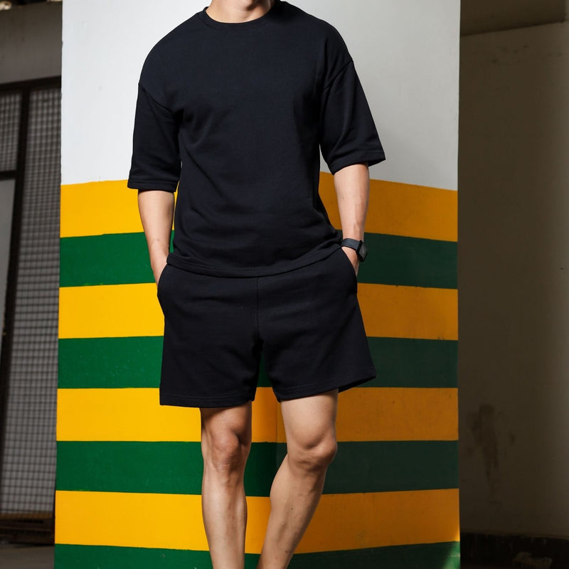 Men's Relaxed Fit Cotton T-Shirt & Shorts Co-Ords Set - Black