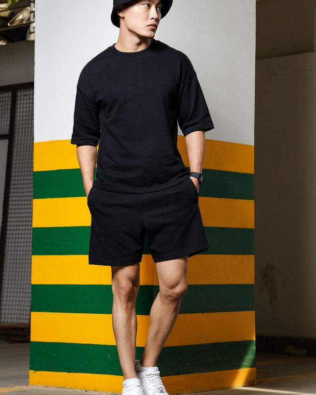 Men's Relaxed Fit Cotton T-Shirt & Shorts Co-Ords Set - Black