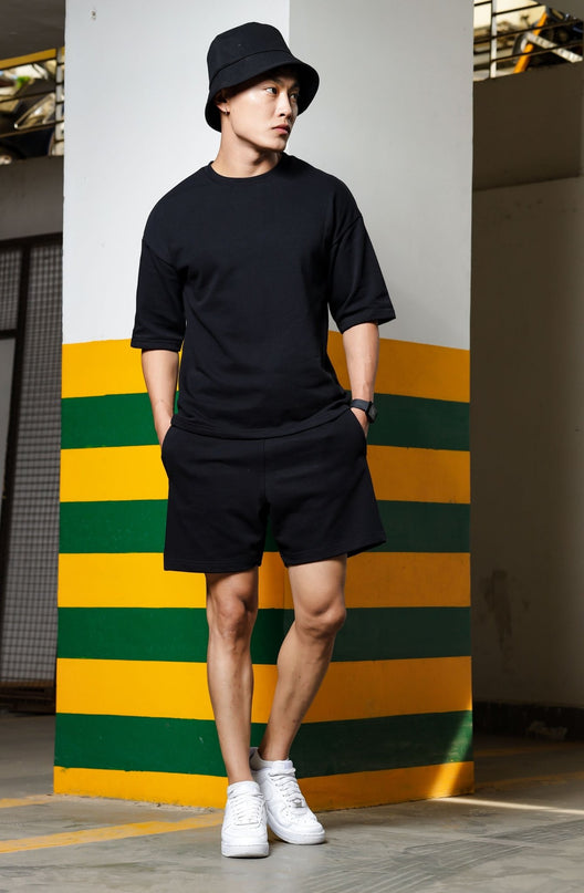 Men's Relaxed Fit Cotton T-Shirt & Shorts Co-Ords Set - Black