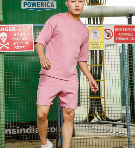 Men's Relaxed Fit Cotton T-Shirt & Shorts Co-Ords Set - Light Pink