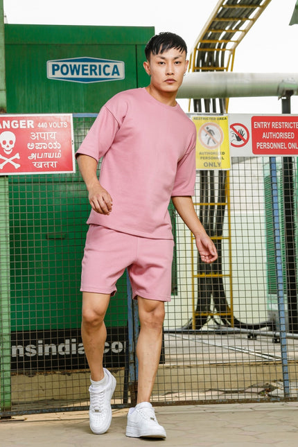 Men's Relaxed Fit Cotton T-Shirt & Shorts Co-Ords Set - Light Pink