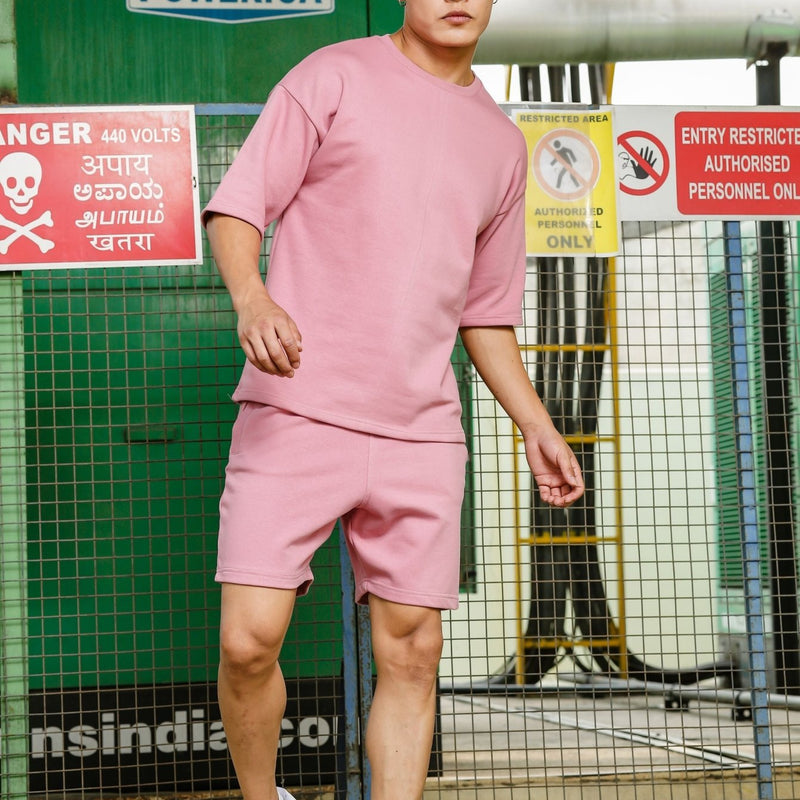 Men's Relaxed Fit Cotton T-Shirt & Shorts Co-Ords Set - Light Pink