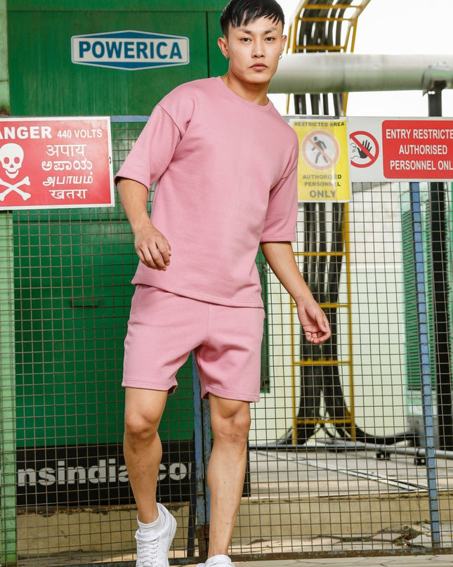Men's Relaxed Fit Cotton T-Shirt & Shorts Co-Ords Set - Light Pink