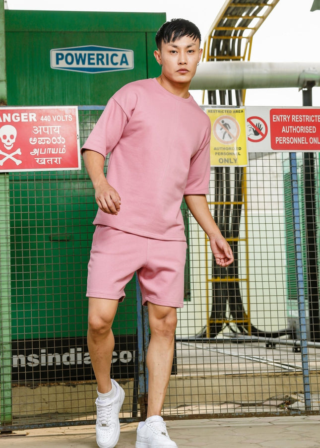 Men's Relaxed Fit Cotton T-Shirt & Shorts Co-Ords Set - Light Pink