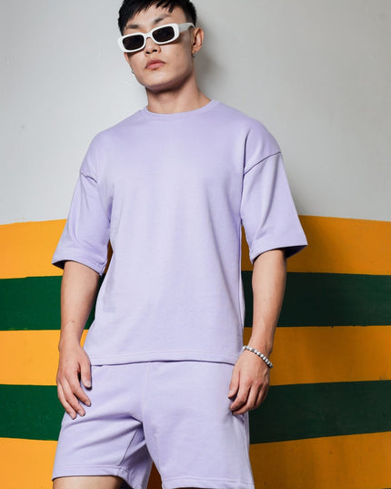 Men's Relaxed Fit Cotton T-Shirt & Shorts Co-Ords Set - Lavender