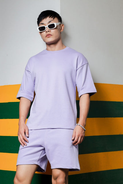 Men's Relaxed Fit Cotton T-Shirt & Shorts Co-Ords Set - Lavender