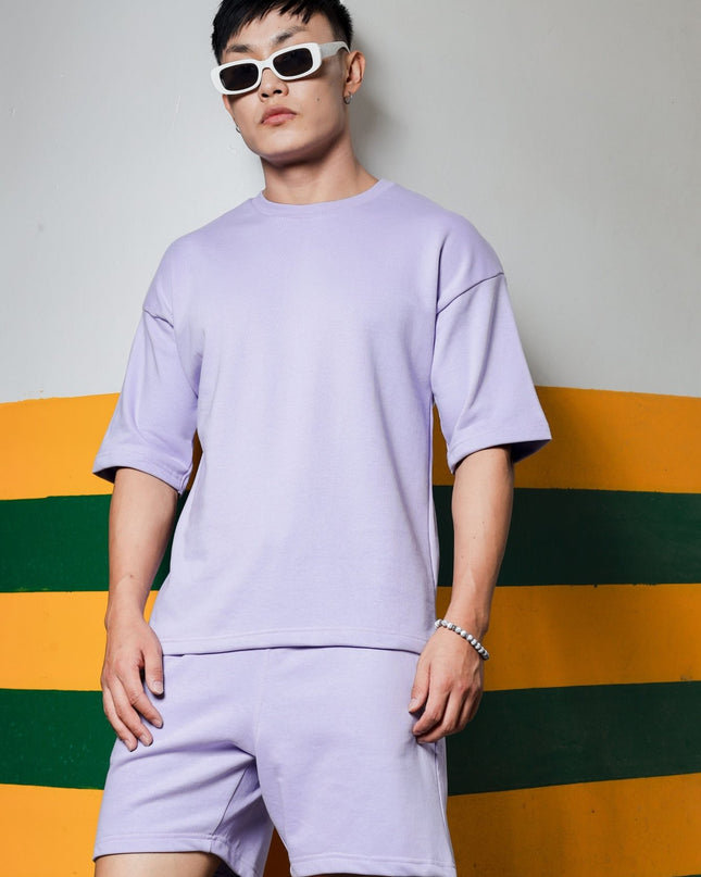 Men's Relaxed Fit Cotton T-Shirt & Shorts Co-Ords Set - Lavender