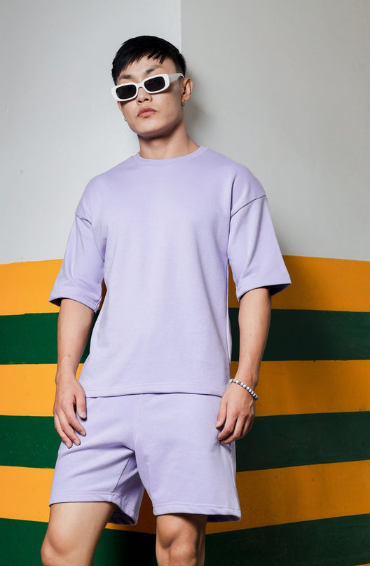 Men's Relaxed Fit Cotton T-Shirt & Shorts Co-Ords Set - Lavender