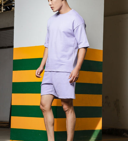 Men's Relaxed Fit Cotton T-Shirt & Shorts Co-Ords Set - Lavender