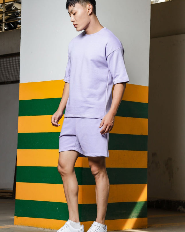 Men's Relaxed Fit Cotton T-Shirt & Shorts Co-Ords Set - Lavender