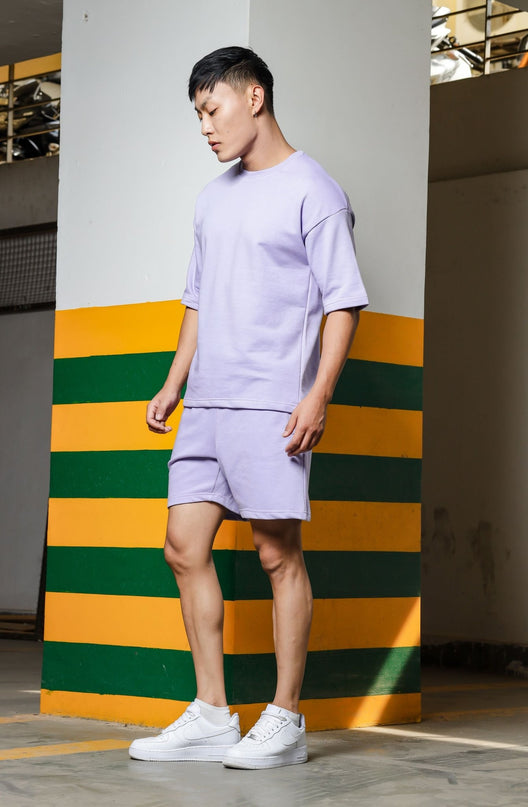 Men's Relaxed Fit Cotton T-Shirt & Shorts Co-Ords Set - Lavender