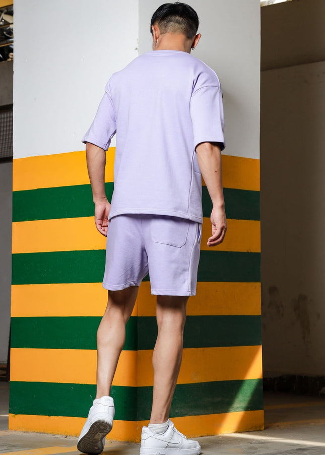 Men's Relaxed Fit Cotton T-Shirt & Shorts Co-Ords Set - Lavender