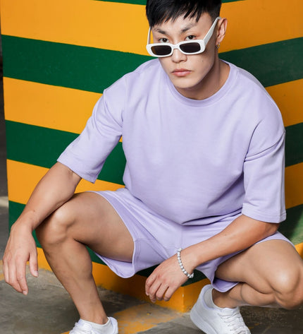 Men's Relaxed Fit Cotton T-Shirt & Shorts Co-Ords Set - Lavender