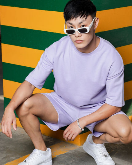 Men's Relaxed Fit Cotton T-Shirt & Shorts Co-Ords Set - Lavender