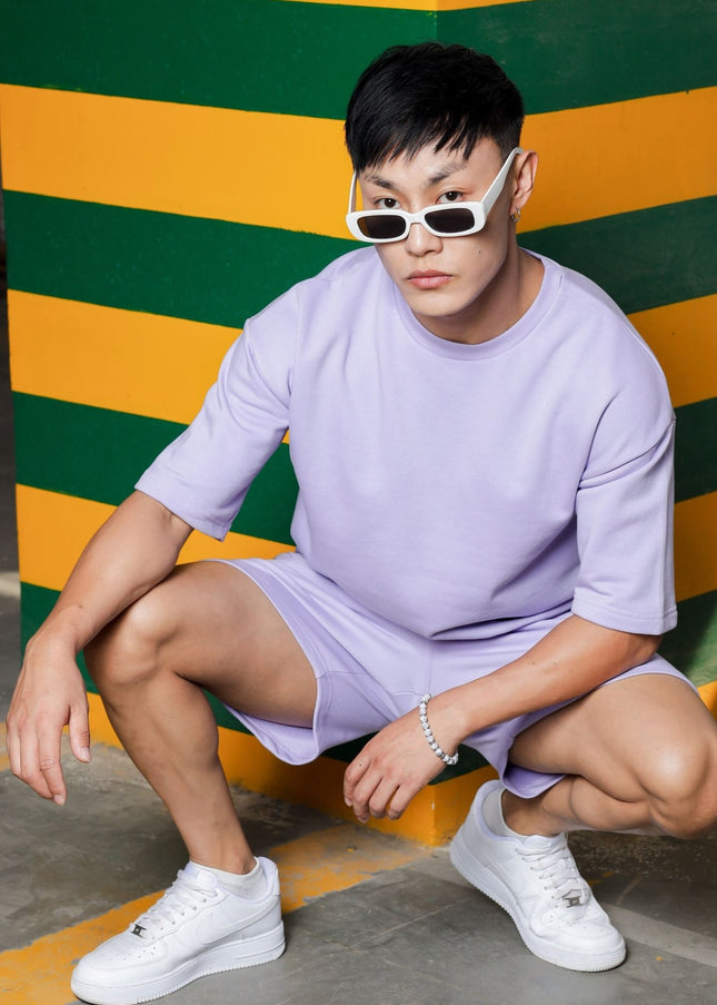 Men's Relaxed Fit Cotton T-Shirt & Shorts Co-Ords Set - Lavender