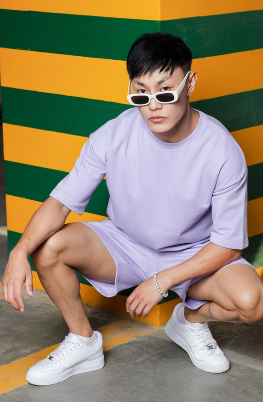 Men's Relaxed Fit Cotton T-Shirt & Shorts Co-Ords Set - Lavender