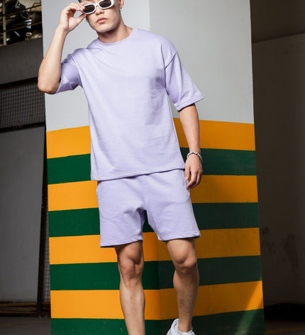Men's Relaxed Fit Cotton T-Shirt & Shorts Co-Ords Set - Lavender