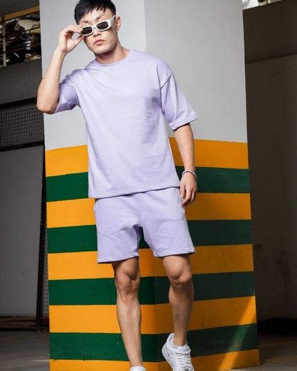 Men's Relaxed Fit Cotton T-Shirt & Shorts Co-Ords Set - Lavender