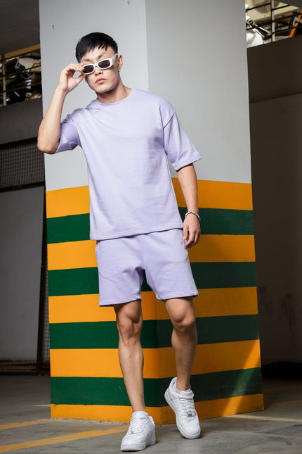 Men's Relaxed Fit Cotton T-Shirt & Shorts Co-Ords Set - Lavender