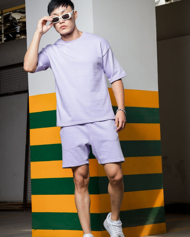 Men's Relaxed Fit Cotton T-Shirt & Shorts Co-Ords Set - Lavender