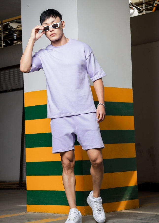 Men's Relaxed Fit Cotton T-Shirt & Shorts Co-Ords Set - Lavender